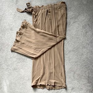 Lightweight khaki capris with ruffle detail on legs